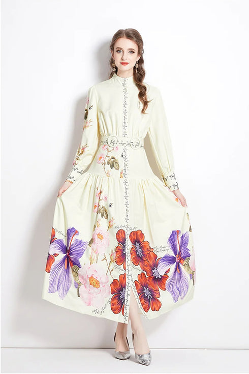 Runway Fashion Autumn Floral Print Mock Neck, Long Lantern Sleeve, Belted, Ruffled Cocktail, Party, Festive Long Maxi Dress